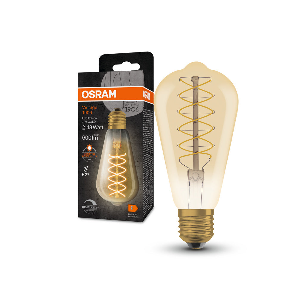 OSRAM Dimmbare LED-Lampen, Vintage-Edition, 48 Watts Ersatz, E27, ST64-shape, 2200 Kelvin, Warm Comfort Light, Klares Glas, single Pack