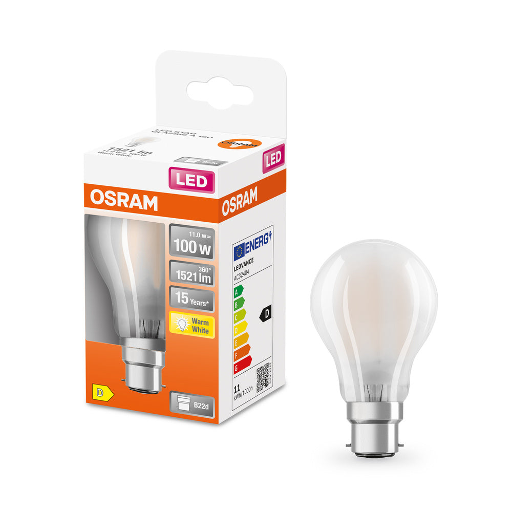 Lampe LED OSRAM LED Retrofit CLASSIC A 11W 827 Frosted B22d, 1521 lm, 2700 K, blanc chaud