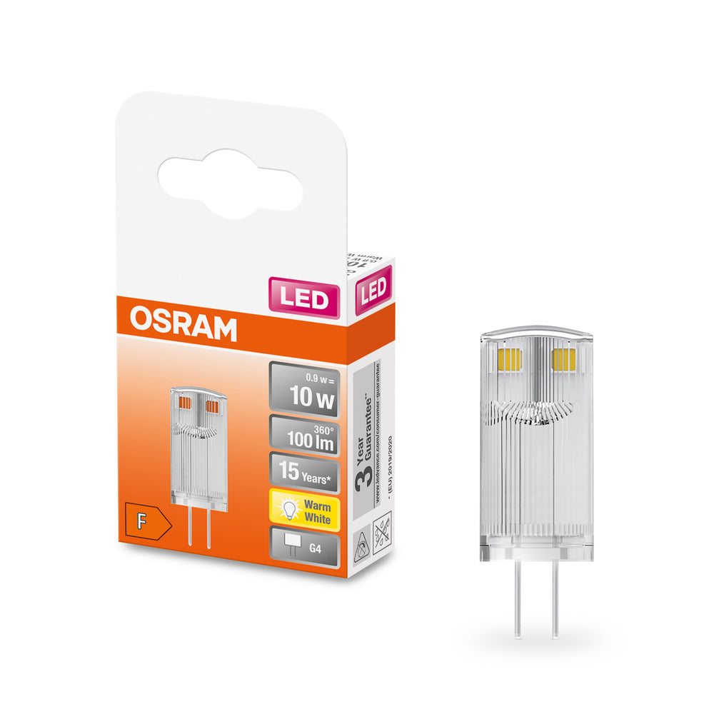 OSRAM LED Stiftsockellampe PIN 12 V 0.9W 827 Clear G4, 100 lm, 2700 K, Warmweiß