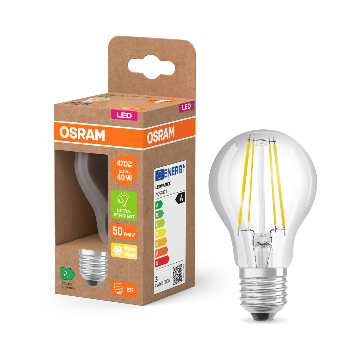 Lampe OSRAM LED Classic, forme ampoule, transparente, 2,2W, 470lm, E27