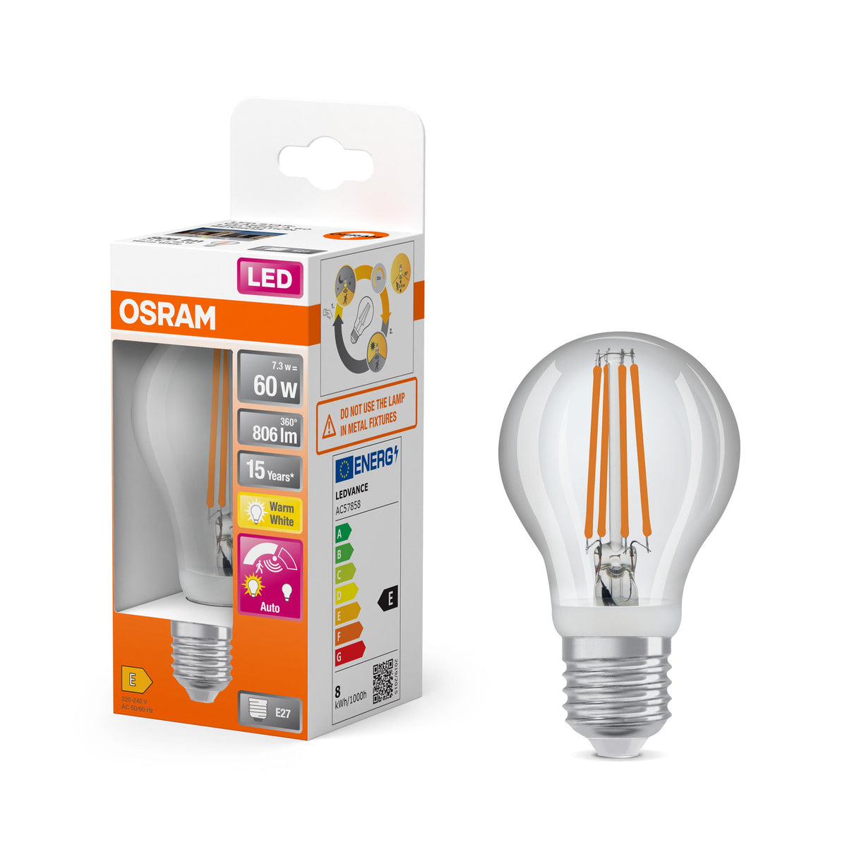 Lampe OSRAM LED Star Classic avec capteur, 7,3W, transparente, E27