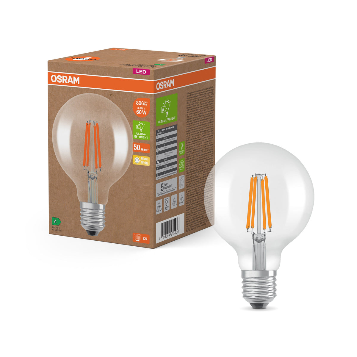 OSRAM LED Classic Lampe, Ballform, Klar, 3.8W, 806lm, E27