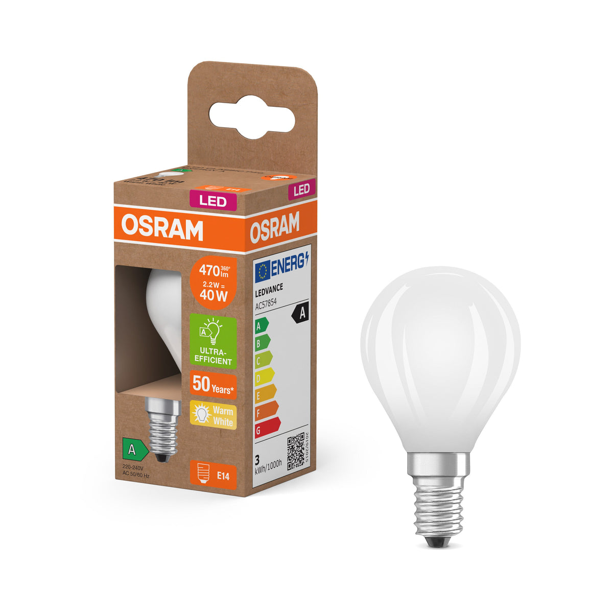 Lampe LED de classe énergétique OSRAM, Miniball, 2,2 W, dépolie, EEK A