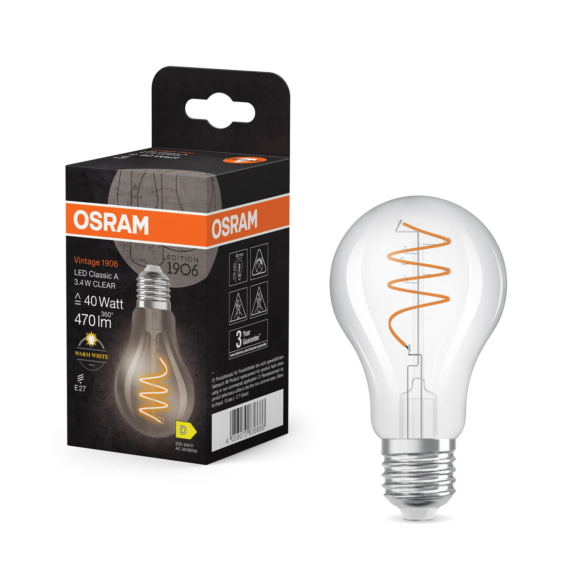 OSRAM Vintage 1906 Lampe LED classique claire, 3,4W, 470lm, E27