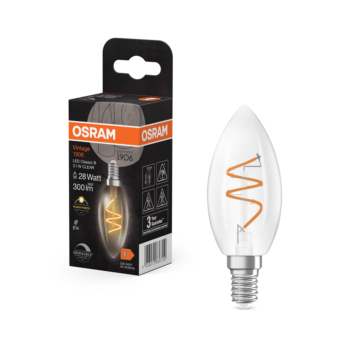 OSRAM Vintage 1906 Lampe LED classique claire, 3,1W, 300lm, E14