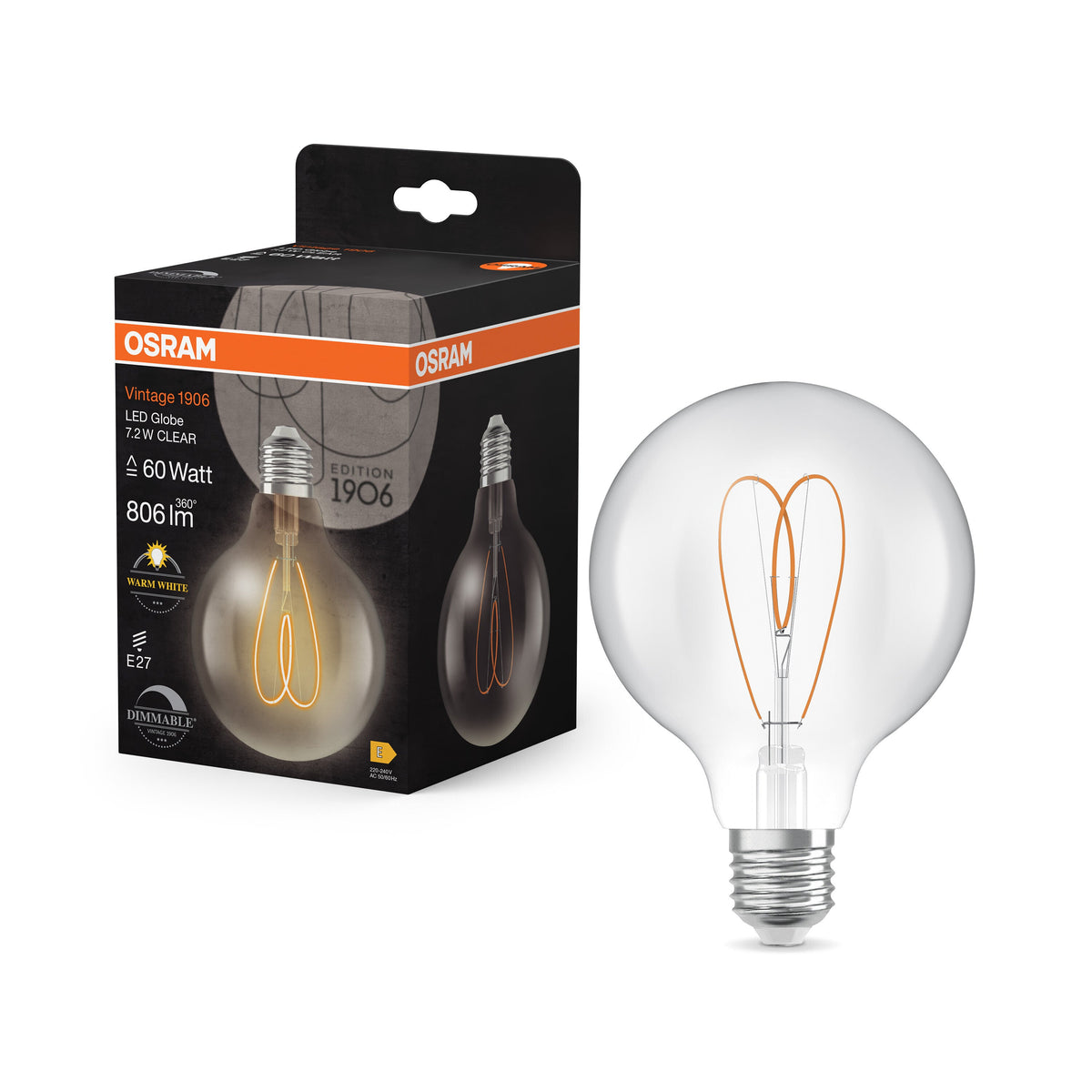 Lampe LED OSRAM Vintage 1906 Globe Transparente, 7,2W, 806lm, 2700K