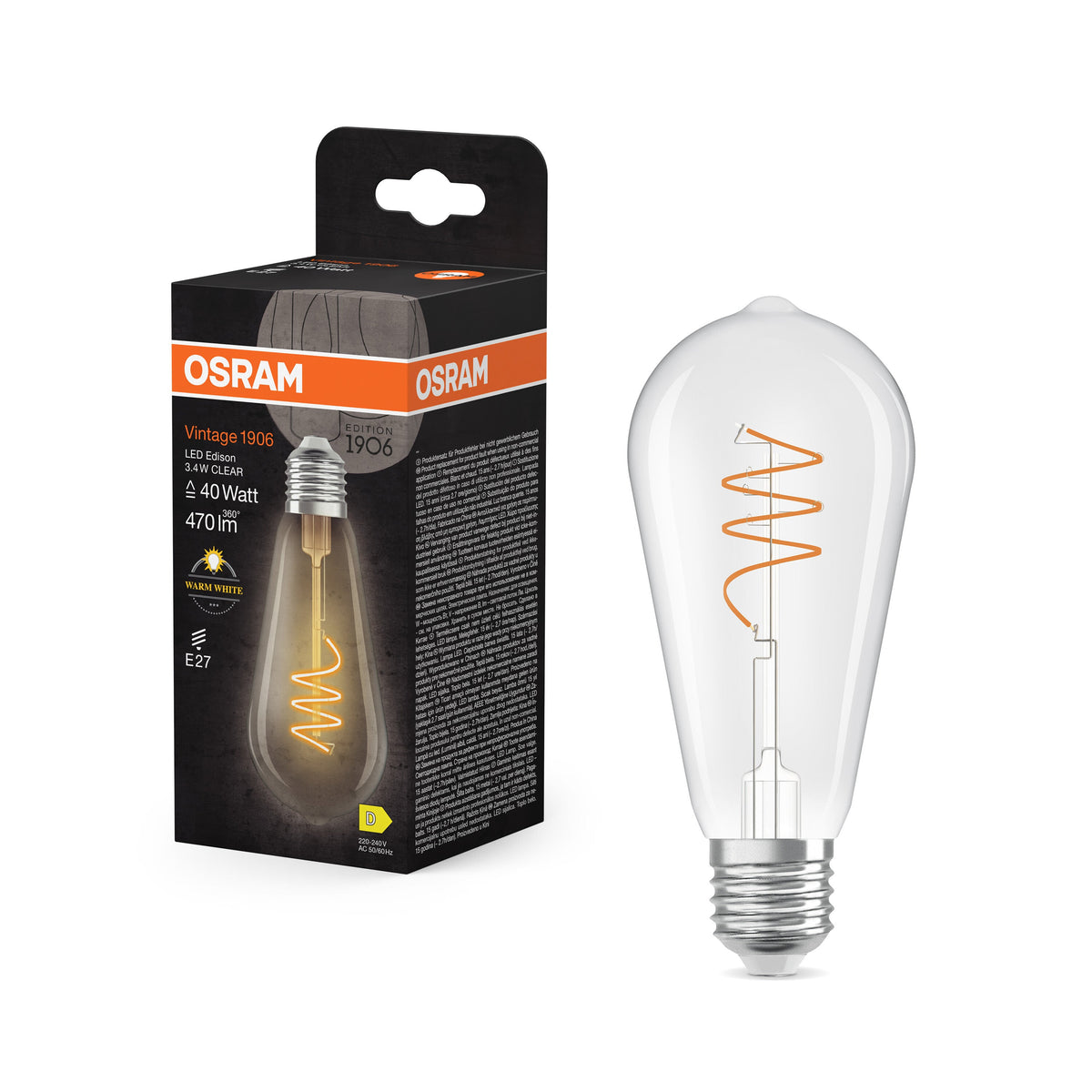 OSRAM Vintage 1906 Edison LED-Lampe Klar, 3.4W, 470lm, E27