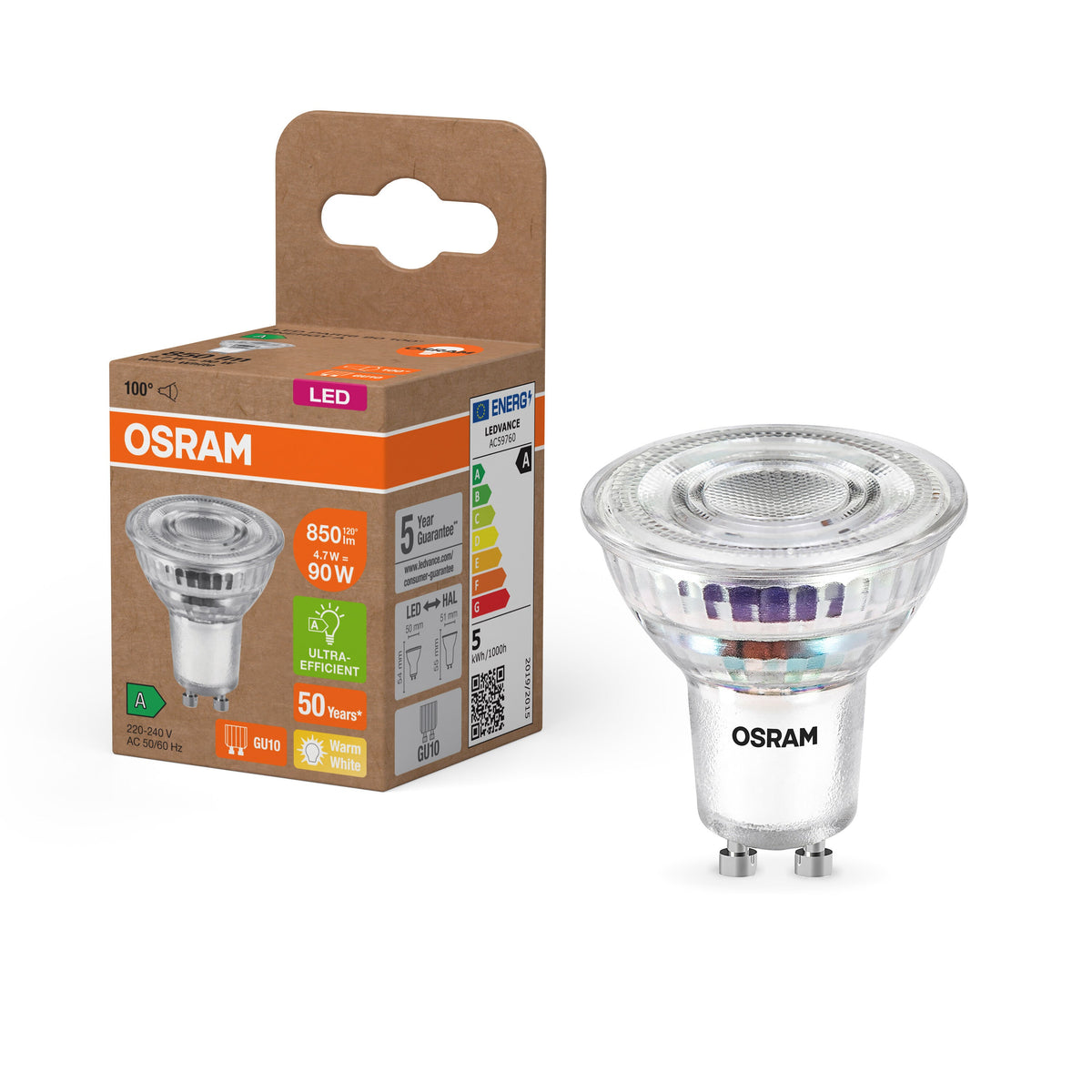 Lampe à réflecteur LED OSRAM Energy Class, 4,7 W, 850 lm, GU10