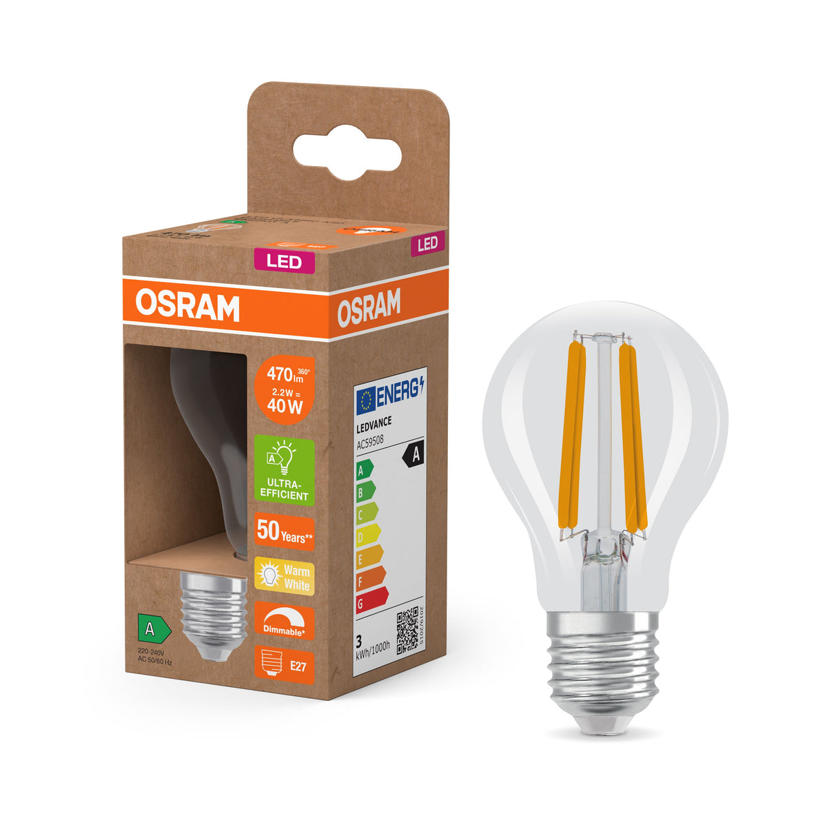 Lampe LED OSRAM Energy Class, 2,2W, 470lm, transparente, E27