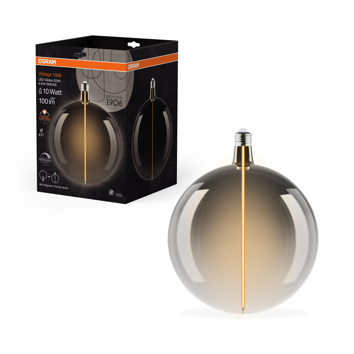 OSRAM Vintage 1906® GRANDE AMPOULE DÉCORATIVE LED AVEC Lampe LED DE STYLE FILAMENT-MAGNÉTIQUE Fumée, dimmable, 4,8W, E27, GLOBE