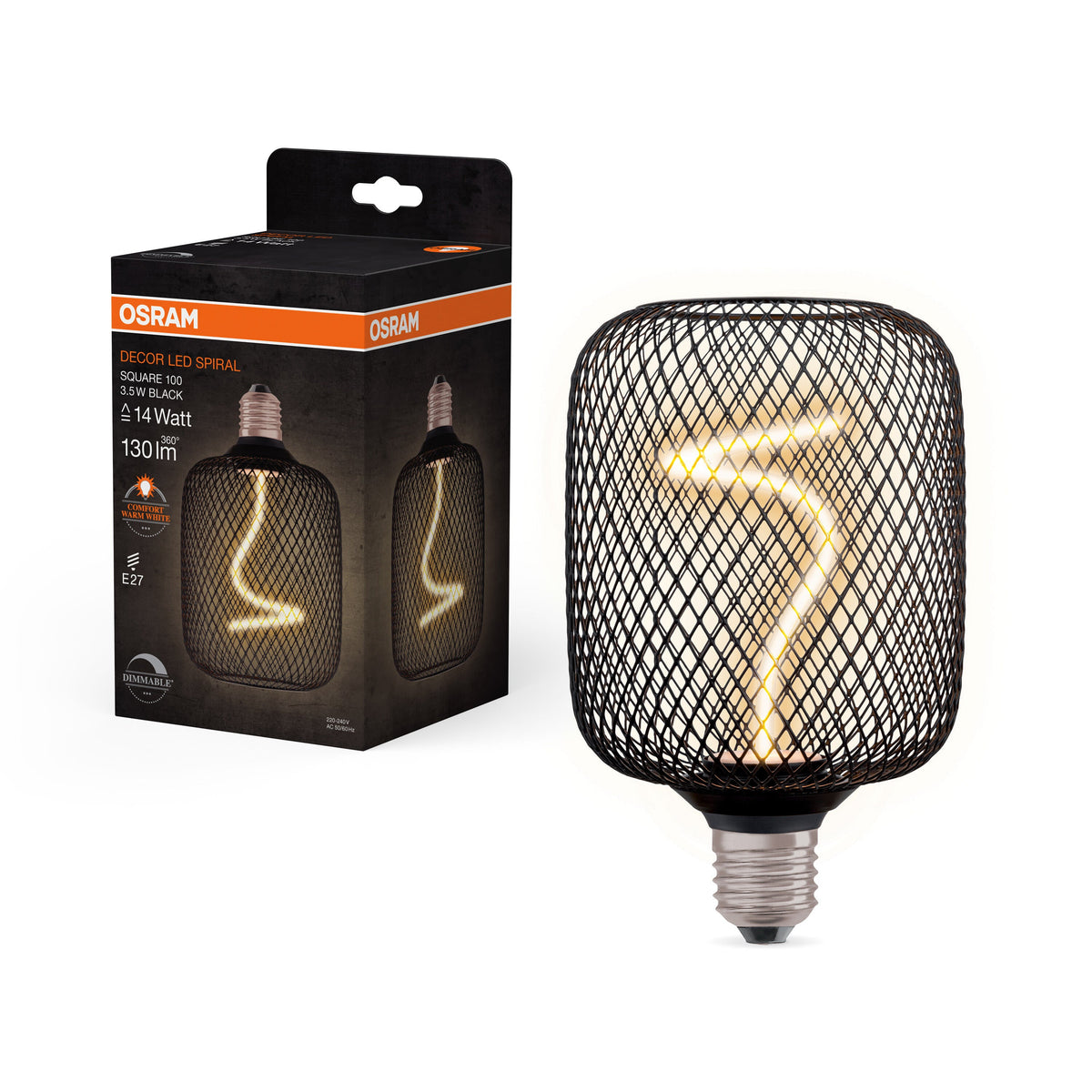 OSRAM DECOR Lampe à filament spirale LED carrée, noire, 3,5W, 130lm