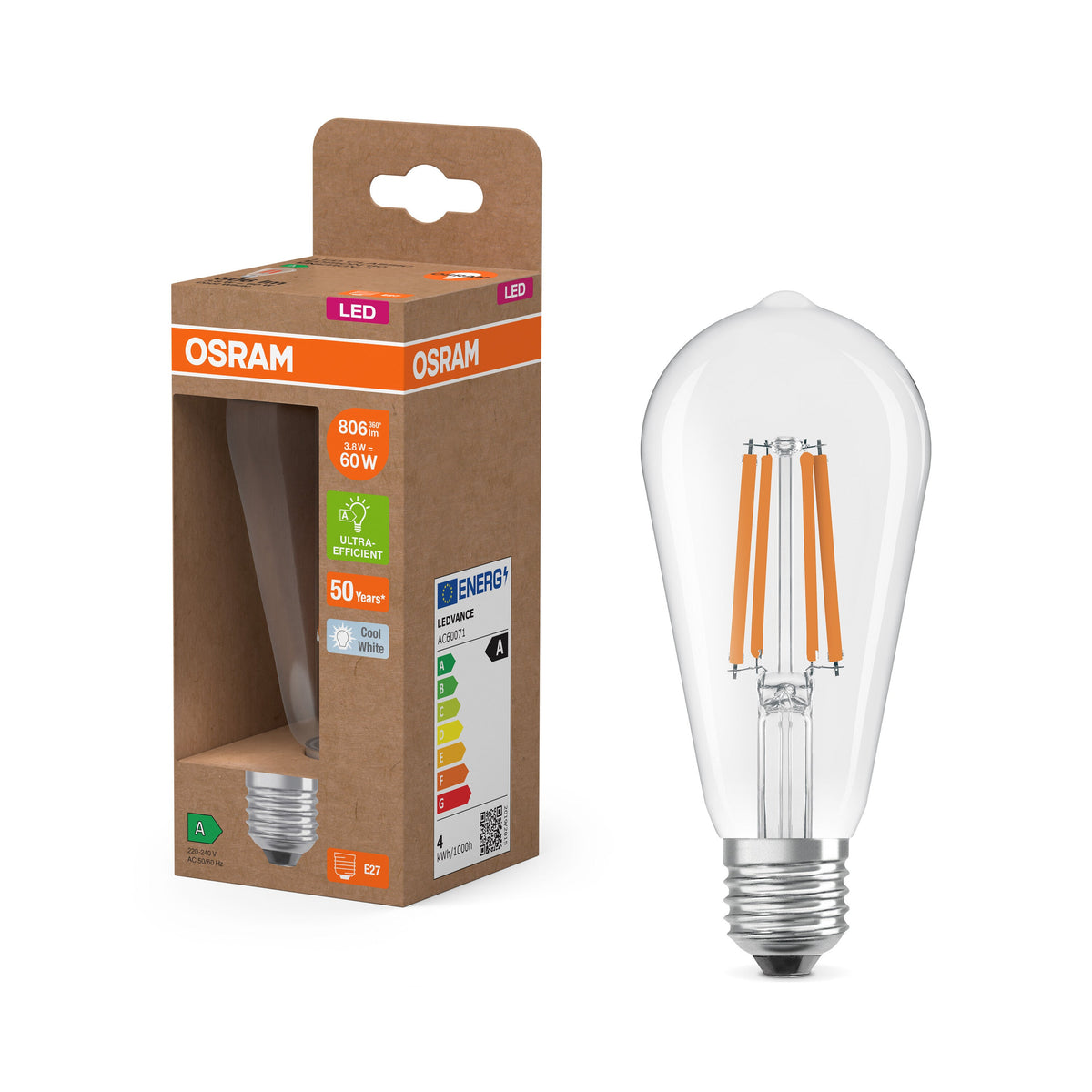 Lampe LED OSRAM de classe énergétique, forme Edison, 3,8 W, transparente, EEK A