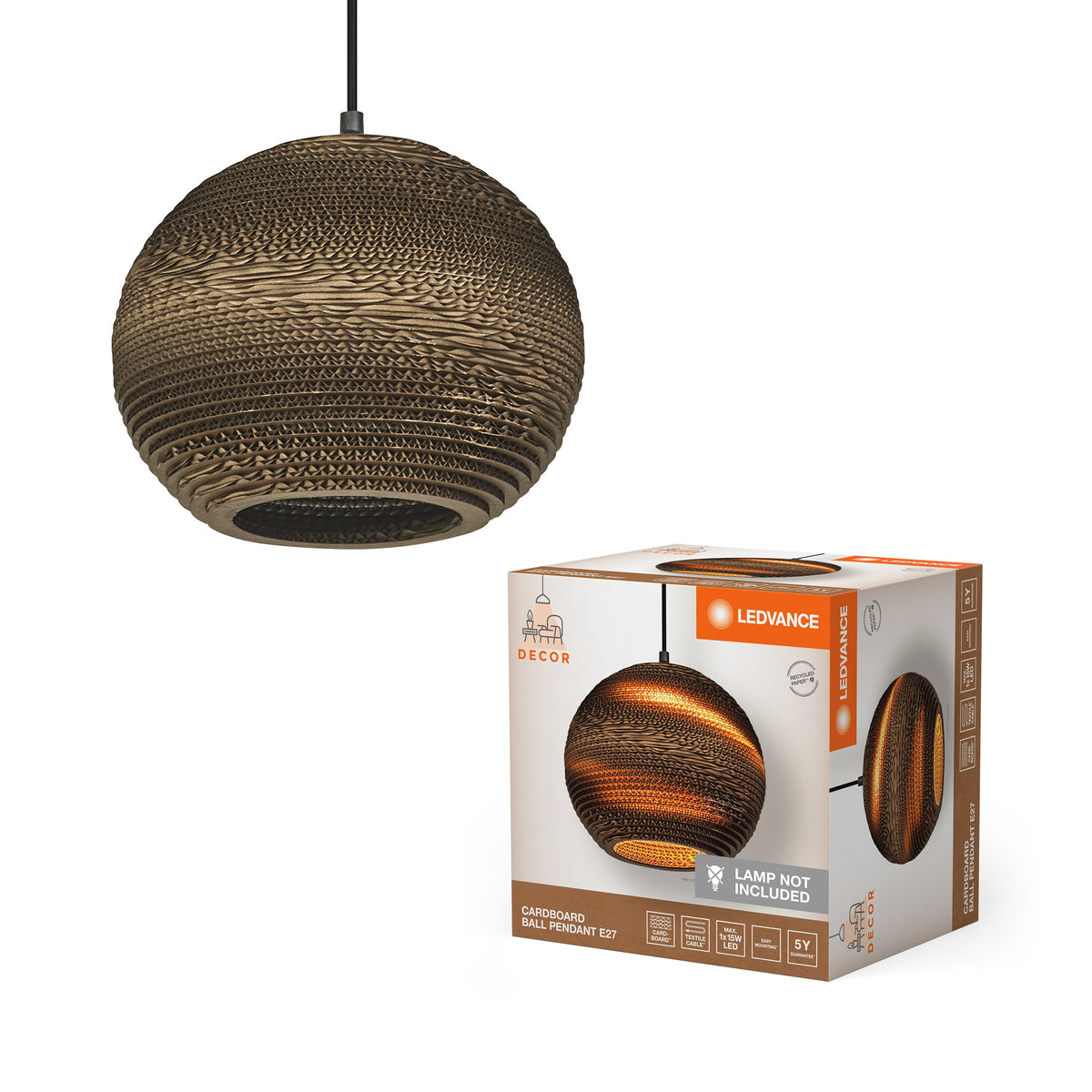 LEDVANCE Suspension Décor Carton Boule marron, E27