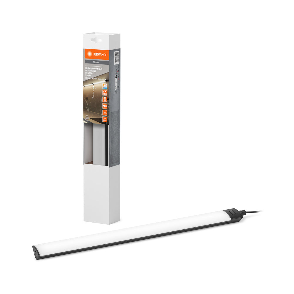 LEDVANCE LINEAR ANGLE FRAMELESS SENSOR éclairage sous meuble 35cm CCT DIM Noir, 320 lm, 3000…4000…6500 K, blanc chaud|blanc froid|lumière du jour