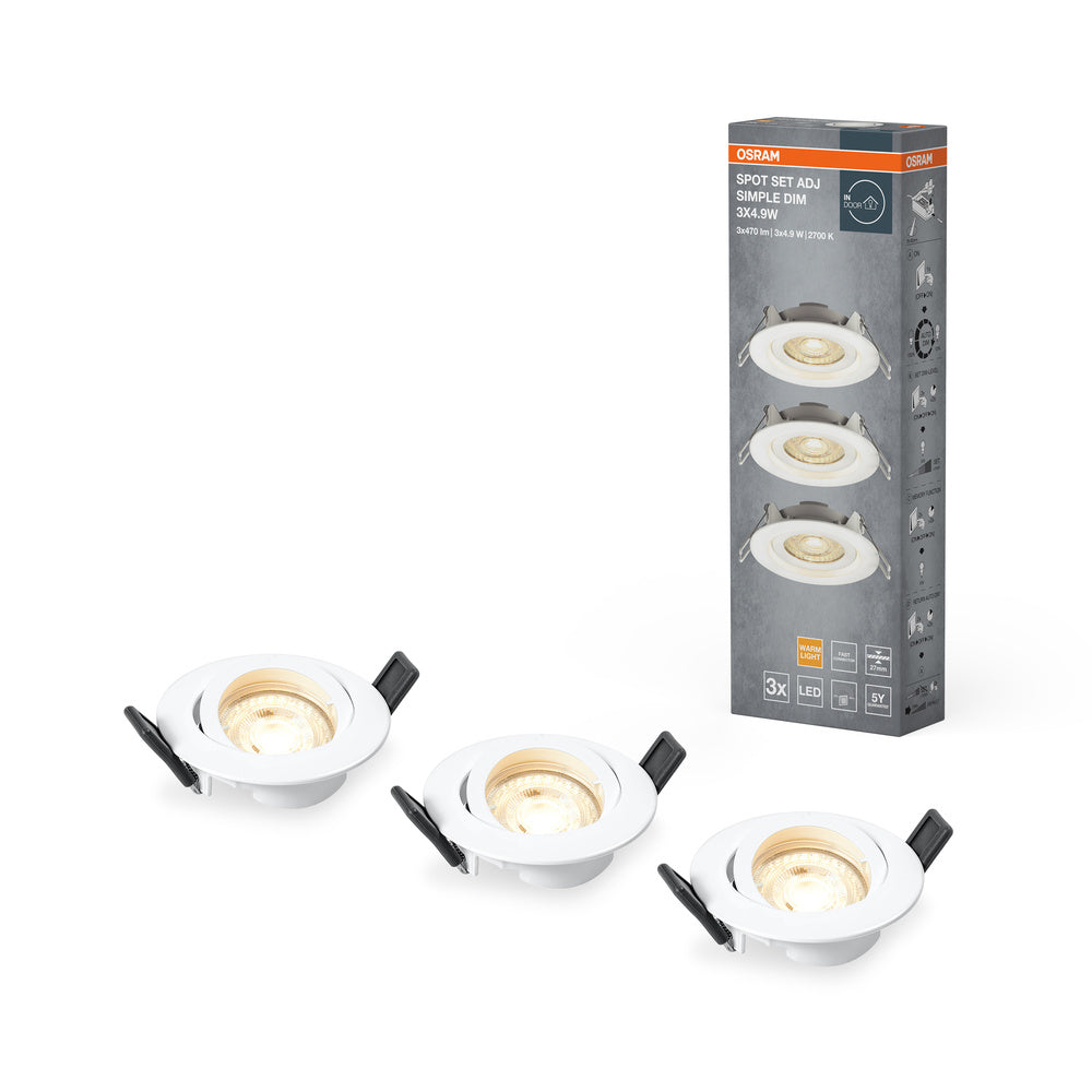 OSRAM LED Spot encastrable lot de 3, 3x 5W, Ø 90mm, blanc chaud, gradable en continu par interrupteur mural, blanc