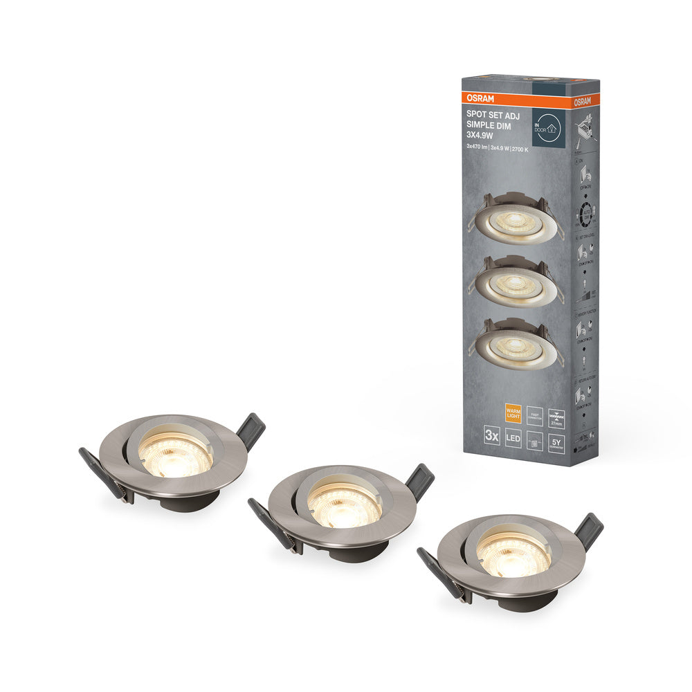 OSRAM LED spot encastrable, Ø 90mm, lot de 3, 3x 5W, blanc chaud, gradable en continu par interrupteur mural, gris