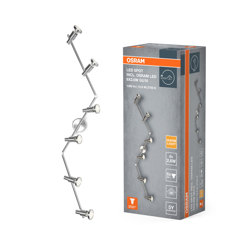 OSRAM projecteur LED, projecteur de haute qualité à 6 flammes en aluminium, adapté pour mur et plafond intérieur, ampoules GU10 remplaçables incluses, blanc chaud (2700K), 3W, LED SPOT GU10 6x3W