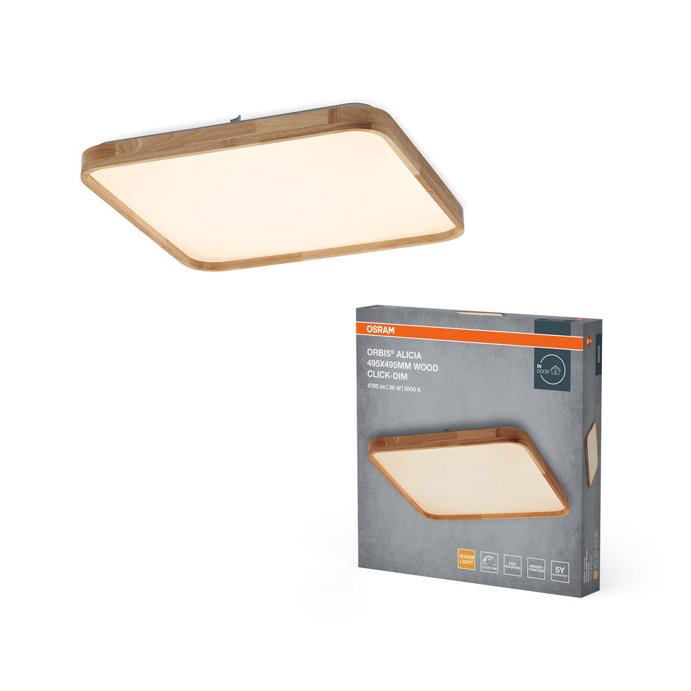 OSRAM ORBIS Alicia plafonnier dimmable Click-DIM 36W 495x495mm décor bois