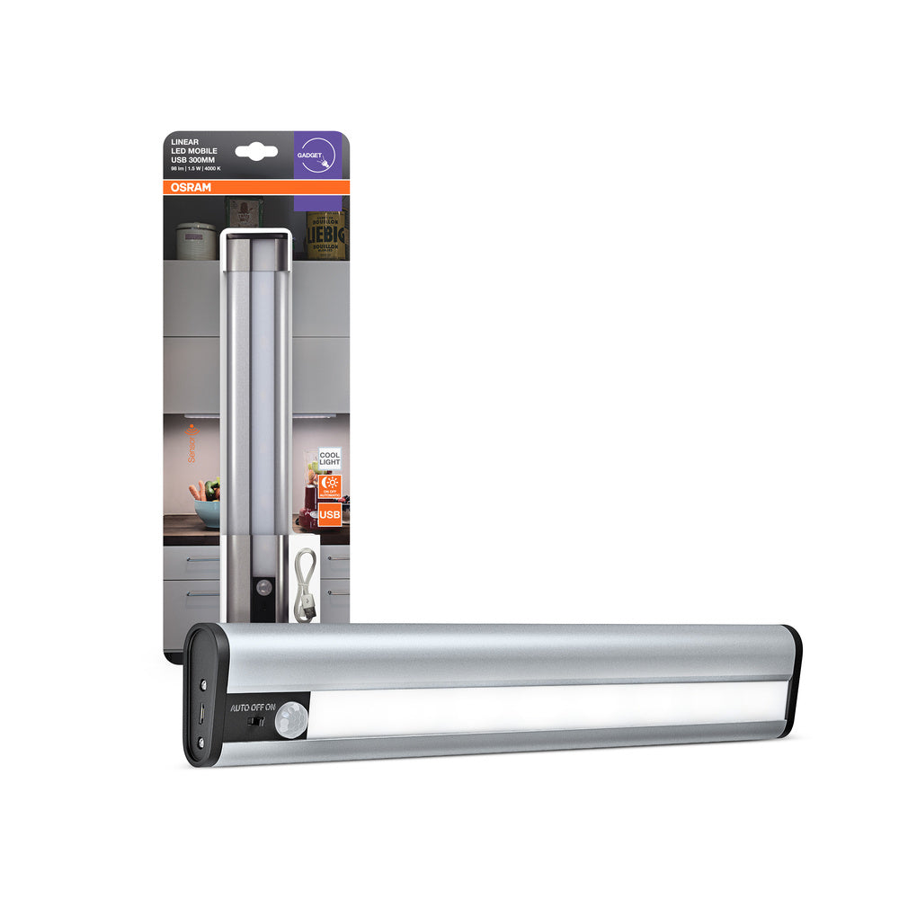 OSRAM LED lampe à piles, lampe pour applications intérieures, capteur de mouvement, capteur jour-nuit, blanc froid, 300,0 mm x 50,0 mm x 22,0 mm, LED linéaire mobile USB