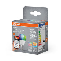 OSRAM Matter SMART+ LED Lampe CLASSIC P, RVB, Optique givrée, 4,9W, 470lm, E14