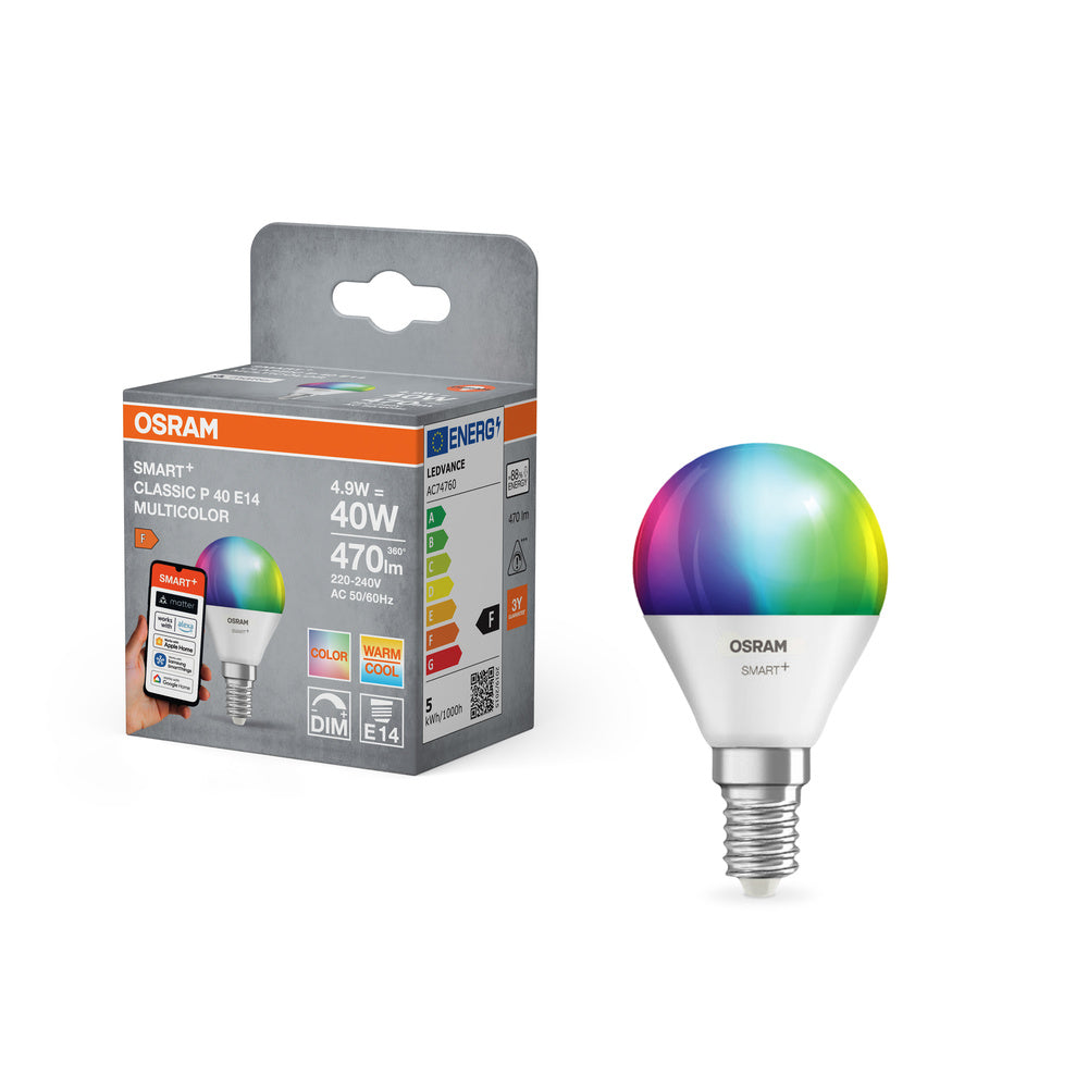 OSRAM Matter SMART+ LED Lampe CLASSIC P, RVB, Optique givrée, 4,9W, 470lm, E14