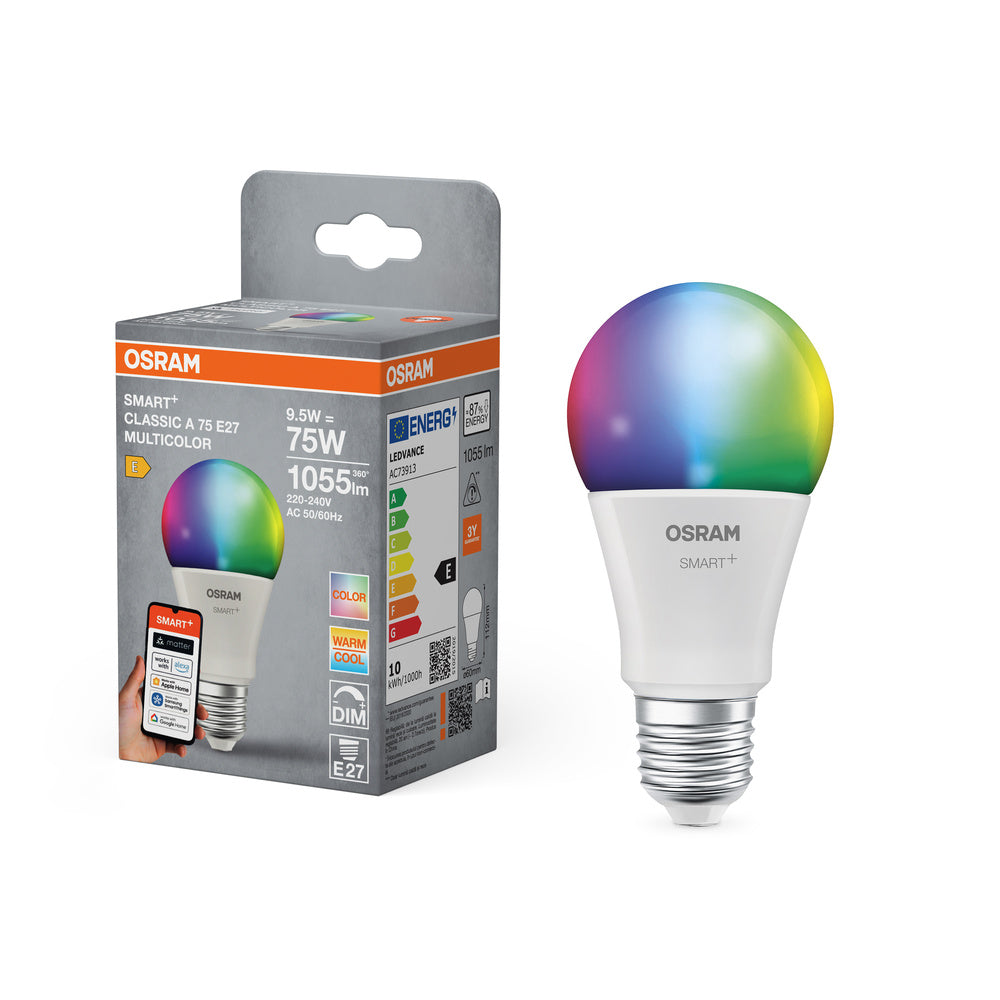 OSRAM Matter SMART+ LED Lampe, Optique givrée, RVB, 9,5W, 1055lm, E27