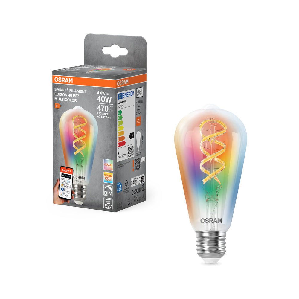 OSRAM Matter SMART+ LED Lampe CLASSIC A, RGB, verre filament, 4,8W, 470lm, E27