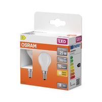 OSRAM ampoules LED, forme mini-boule classique, remplacement 25 watts, E14, forme P, 2700 kelvin, blanc chaud, verre clair, lot de 2