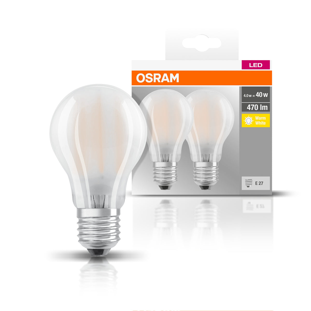 OSRAM LED-Lampe, Sockel: E27, Warm White, 2700 K, 4 W, Ersatz für 40-W-Glühbirne, matt, LED BASE CLASSIC A