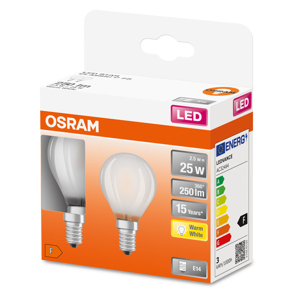 OSRAM LED-Lampen, klassische Miniballform, 25 Watts Ersatz, E14, P-shape, 2700 Kelvin, Warm weiß, Klares Glas, 2-er Pack