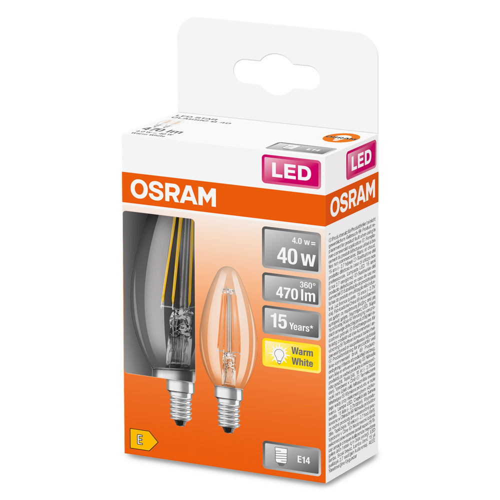 Ampoules LED OSRAM, forme classique de mini bougie, remplacement de 40 watts, E14, B-shape, 2700 Kelvin, blanc chaud, verre transparent, pack de 2