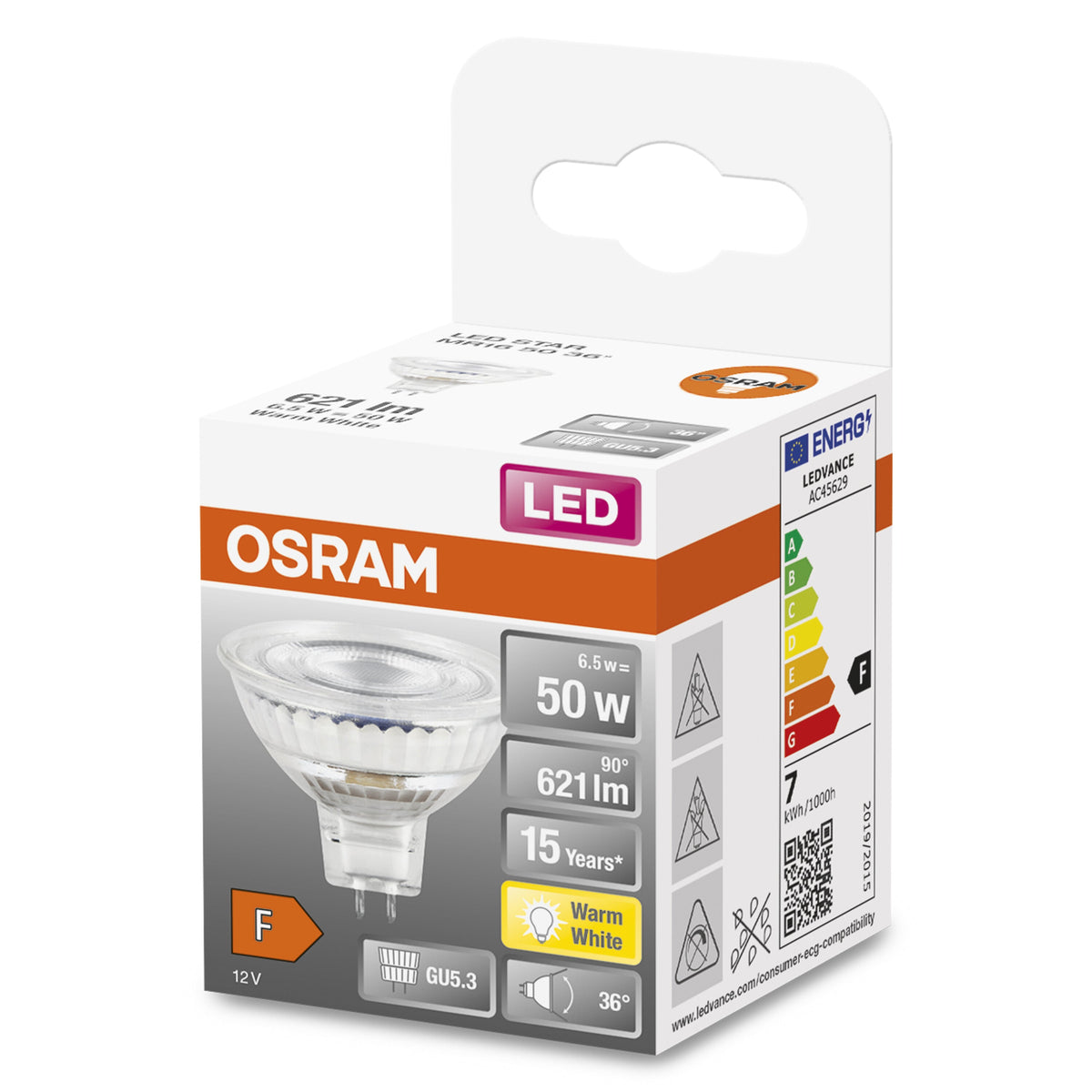 OSRAM LED STAR MR16 12V LED Spot (ex 50W) 8W / 2700K blanc chaud GU5.3
