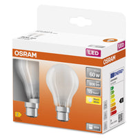 Lampe LED OSRAM LED Retrofit CLASSIC A 6,5 W 827 Frosted B22d, lot de 2, 806 lm, 2700 K, blanc chaud, lot de 2