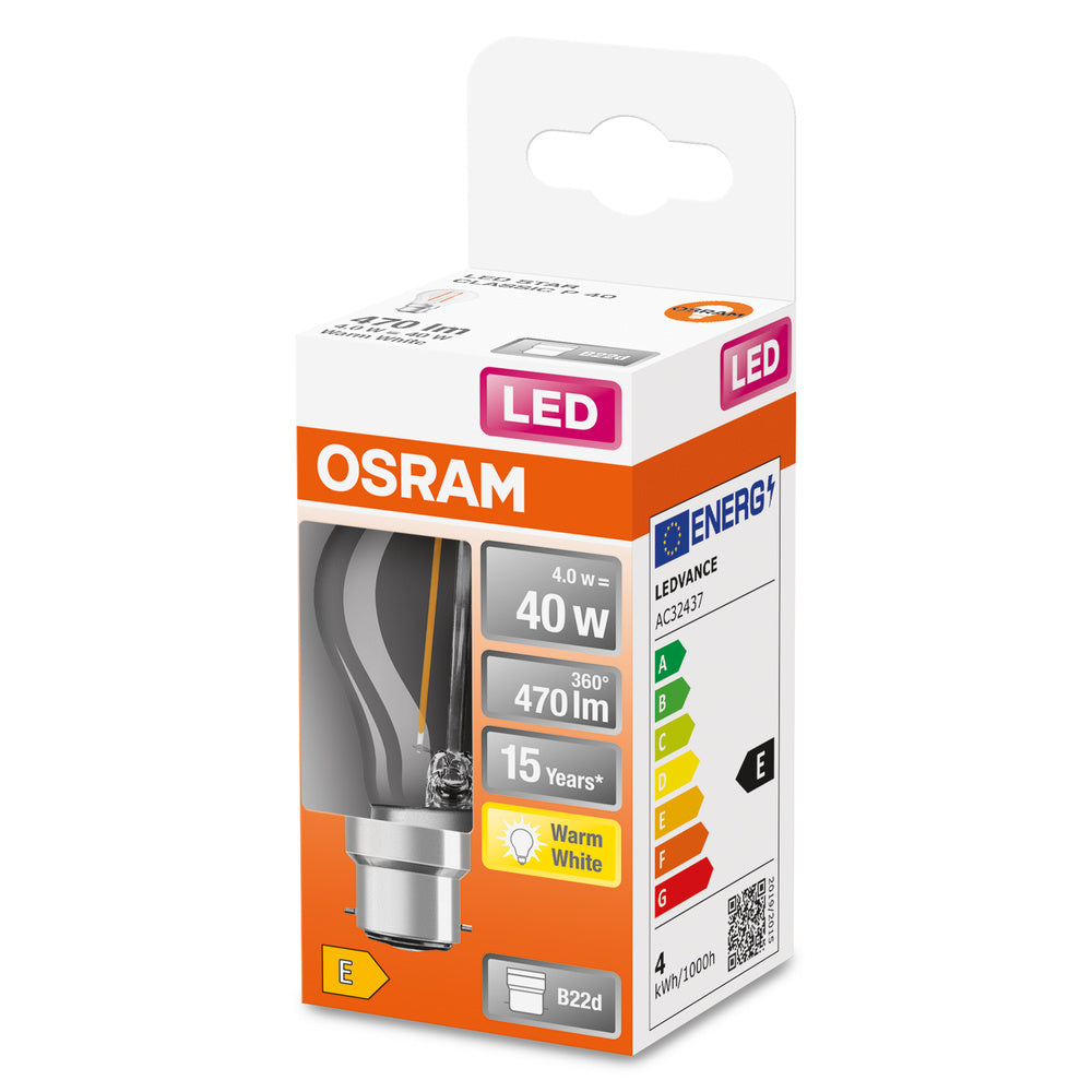 Lampe LED OSRAM LED Retrofit CLASSIC P 4W 827 Clear B22d, 470 lm, 2700 K, blanc chaud