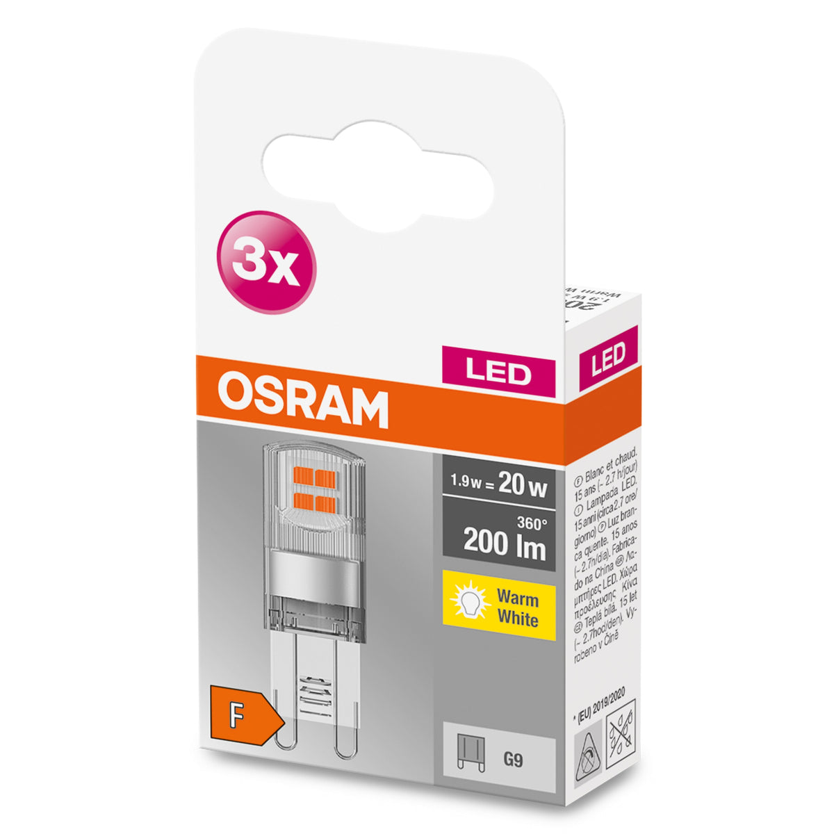 OSRAM LED Base Lampe à culot à broches LED (ex 20W) 1,9W / 2700K blanc chaud PIN G9 pack de 3