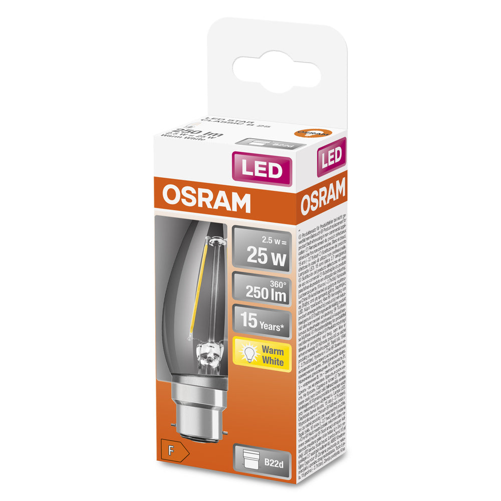 Lampe LED OSRAM LED Retrofit CLASSIC B 2,5W 827 Clear B22d, 250 lm, 2700 K, blanc chaud